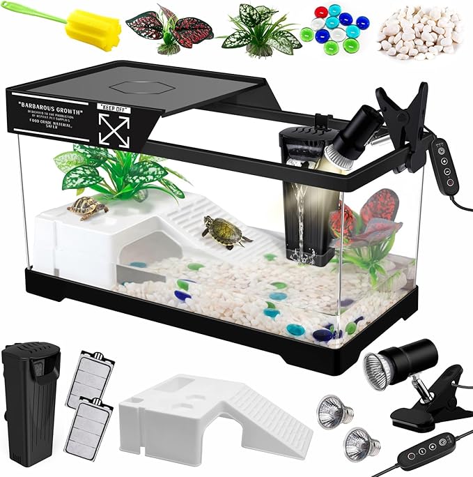 GOZILLA Turtle Tank+Lamp+Filter Kit, Upgrade PC Turtle Tank Starter Kit with Filter & Adjustable Lamp,Reptile Habitat Basking Platform with Lid for Small Reptiles.(19.68× 9.52× 9.44''/Large-Black-Kit)