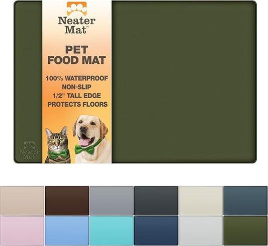 Neater Pet Brands Neater Mat Pet Mats for Food and Water, Cat & Dog Bowl Mat Waterproof Silicone, Feeding Tray, Dog Food Mats for Floors, Placemat w/Raised Edge for Under Bowls, 19” x 12”, Olive