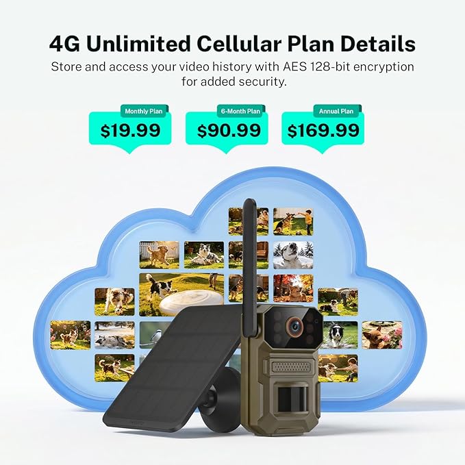 4G LTE Cellular Trail Camera with Solar Panel, 1080p Full HD Pet Cameras, Motion Detection, Live View, Night Vision, Two-Way Talk, IP65, Built-in SIM Card, Unlimited Plan (Sold Separately)
