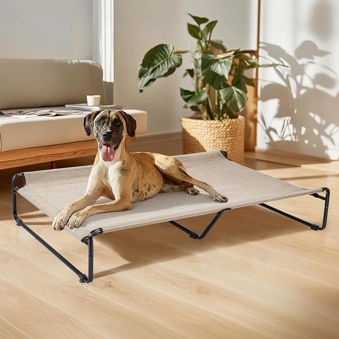 Veehoo Raised Dog Beds for XXL Dogs, Washable Dog Cot with Headrest Sides, Outdoor Elevated Dog Bed with Non-Skid Feet, Breathable Mesh, Cooling Pet Hammock for Indoor or Camping, 59", Beige
