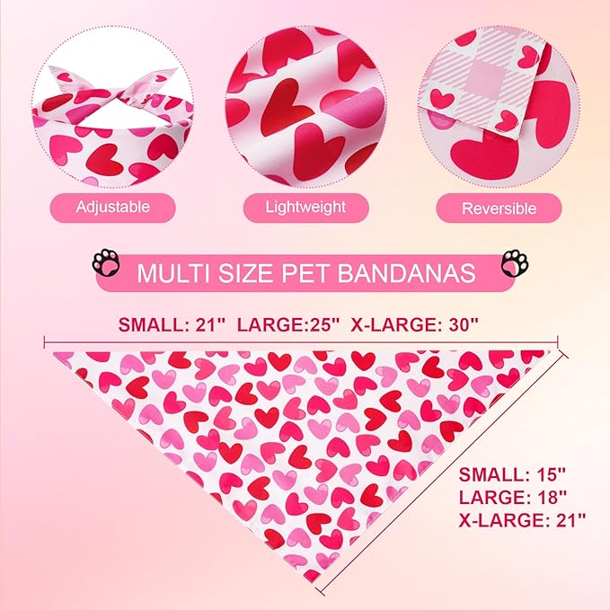 Valentine's Dog Bandanas Small 2PCS, Triangle Reversible Sweetheart Scarf for Boy and Girl, Love Bibs for Large and Small XS Cats