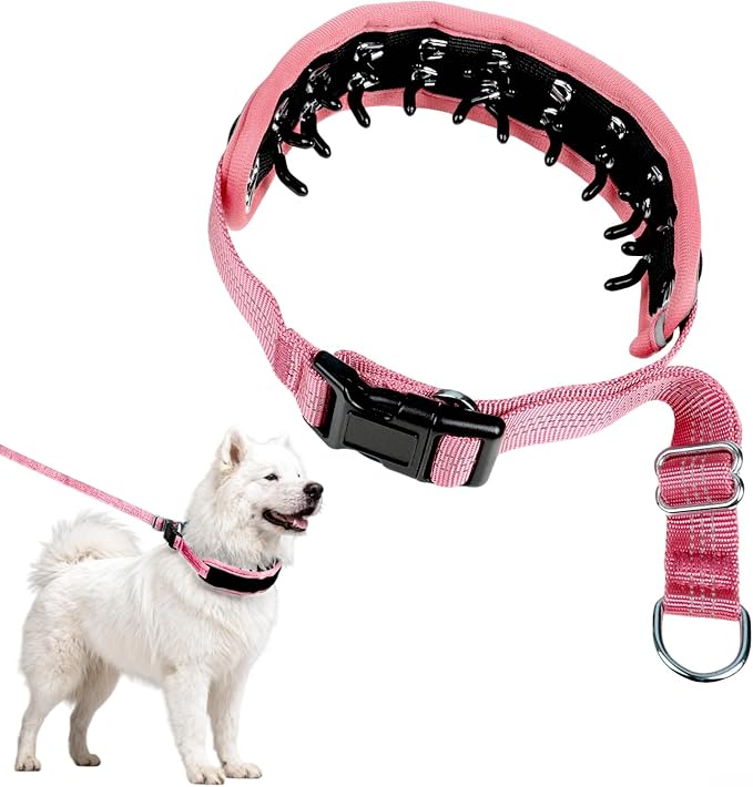 Lightweight Prong Collar for Dogs, Reflective No Pull Dog Collar | Adjustable Size Dog Pinch, Breathable Woven Fabric Air Grid Technology, Martingale Collar for Dogs Training（Pink-L）