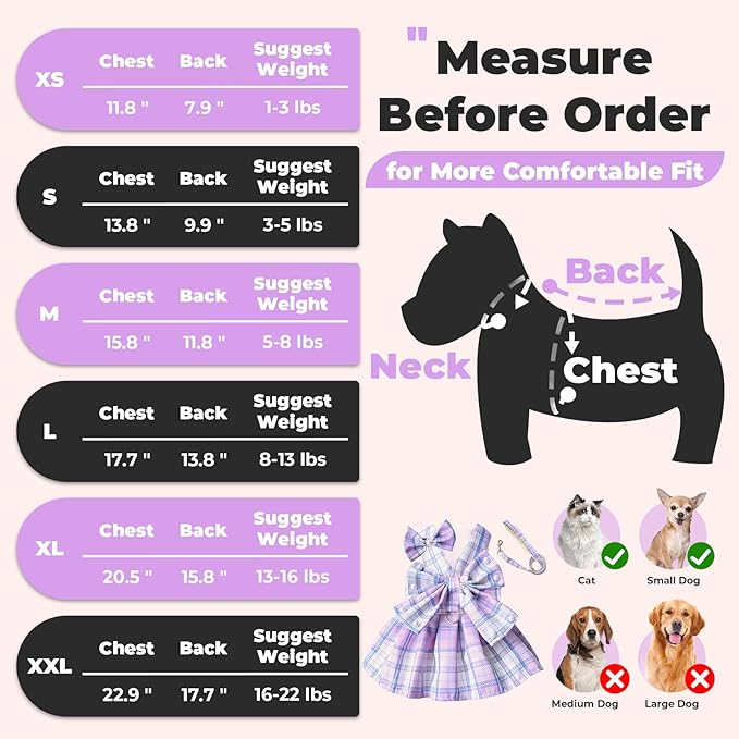 PETCARE Cute Dog Dress Clothes for Small Dogs Cats Girl Female Purple Plaid Bow Tie Dog Harness Dresses Leash Set with Pearls Bow Accessories Birthday Puppy Dress Shih Tzu Yorkies Chihuahua Outfits