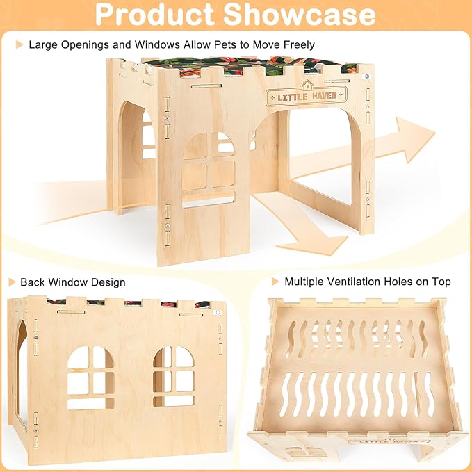 Glittme Wooden Rabbit Castle Hideout - Large Indoor Bunny House & Guinea Pig Hut with Roof Platform Bed Enrichment Cage Accessories for Chinchilla Ferret (Mat Included)