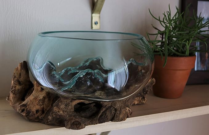 Cohasset Molten Glass | #658-24 | Wide Mouth Molten Glass | Terrarium | Fairy Garden | Approximately 9.5" Wide | Natural Wood and Recycled Glass |