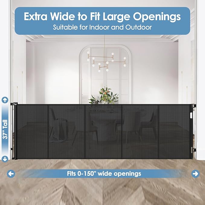 Reinforced 150 Inch Retractable Baby Gates Extra Wide Dog Gate with Support Rods, Upgrade Extra Long Baby Gate for Doorways 12 Ft Extra Large Pet Gate Indoor Outdoor Mesh Dog Gate for The House, Black