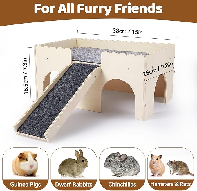 Guinea Pig Hideout 2-Tier Wooden Small Animal Hideout Sturdy Guinea Pig Castle with Ramp & Platform for Bunny, Chinchilla, Rat & Hamster - Easy Assembly Multi-Level Habitat