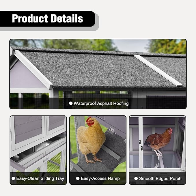 Super Large Chicken Coop - Outdoor Chicken Tractor with 2 Large Nesting Box, Wooden Hen House with Waterproof Asphalt Roof, Poultry Cage with Leakproof Pull-on Tray