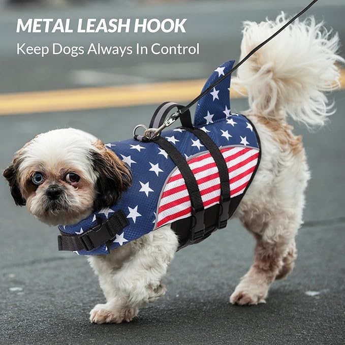Queenmore Small Dog Life Vest for Boating, American Flag Dog Vest for Swimming, Lightweight Small Dog Life Jacket with Shark Fin/Rescue Handle/Leash Hook, S