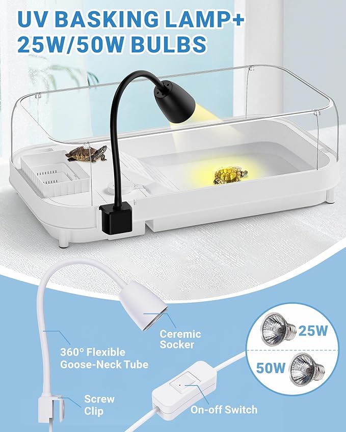 Moonorange Large Turtle Tank Kit (Tank+Lamp+Filter), Acrylic Turtle Tank Starter Kit with Heightened and Curved Fences, Bottom Drainage, Multi-Function Areas (Black Lamp)