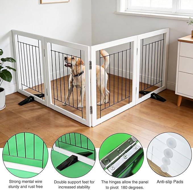 ZJSF Freestanding Dog Gate Indoor, Foldable Dog Fence for Doorways,Hallways or Stairs, Sturdy Wood Extra Wide Pet Gate with Support Feet,White,32 "Height-4 Panels