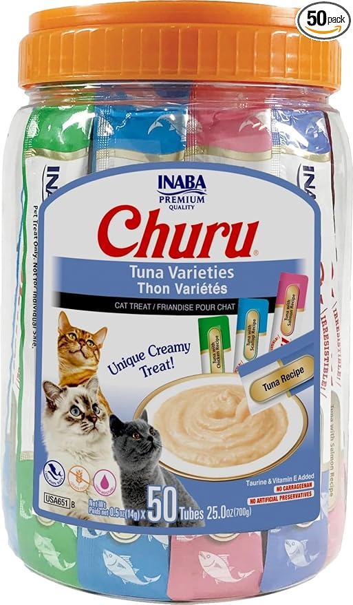 INABA Churu Cat Treats, Lickable, Squeezable Creamy Purée Cat Treat with Green Tea Extract & Taurine, 0.5 Ounces Each Tube, 50 Tubes, Tuna Variety by INABA