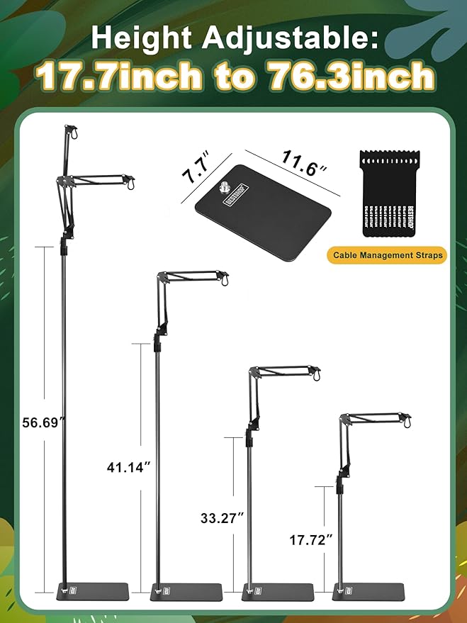 Dual Reptile Light Stand, Heat Bulb Stand (15.7 to 74.3 inch) with 2 Adjustable 360° Swing Arms for Terrarium, Reptile Heat Lamp Stand for Bearded Dragons, Turtles, and Chameleons (Black)