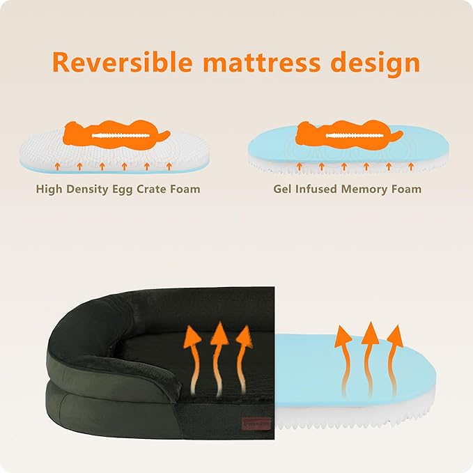 Dwanton Orthopedic Dog Bed for Medium Dogs with Gel Memory Foam, Waterproof Dog Sofa, Washable Pet Bed with Four Sided Bolster Cushion, Removable Cover & Non-Slip Bottom, 36", Green