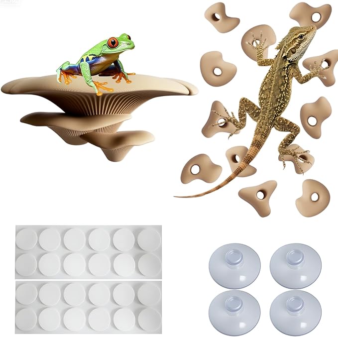 Mushroom Terrarium Decor & Climbing Hold Kit,with 12 Rock Holds, Suction Cups & Adhesive Dots for Geckos, Frogs, Small Lizards & Snakes in Dry/Semi-Moist Habitats (Desert Beige)