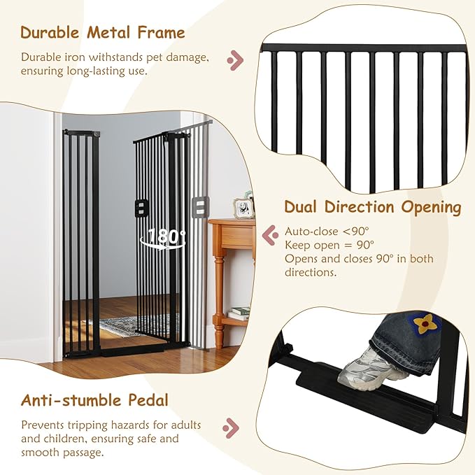 55'' Extra Tall Cat Gate, 34.2"-38.2" Wide Auto Close Tall Pet Gate for Doorways, Pressure Mounted High Dog Door Gate No Drilling Cat Fence Safety Baby Gate for Stairs, Doorways, Black