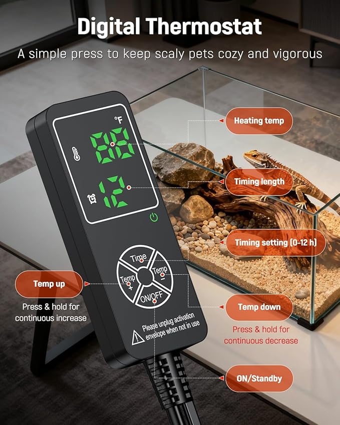 Pawfly Reptile Heating Pad 11.9 x 8 Inch - Reptile Heat Pad with Thermostat & Timer, 16 W Under Tank Heater, Heat Mat for Reptiles Hermit Crabs Turtles Frogs Snakes Lizards Geckos Plants Seedlings