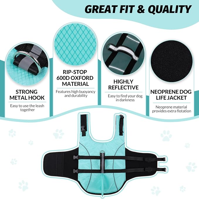 Queenmore Small Dog Shark Life Jacket,Dog Life Vest for Swimming Boating Kayaking,High Buoyancy Puppy Dog Life Preserver,Reflective Light Dog Lifesaver with Strong Rescue Handle (Light Blue,S)