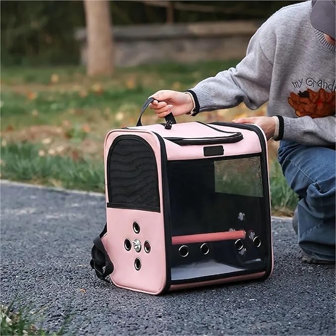 Backpack Bird Carry Cage Carriers Bag Travel Set Pet Bird Breathable Double-Shoulder Backpack Outgoing Travel Cage(Pink)