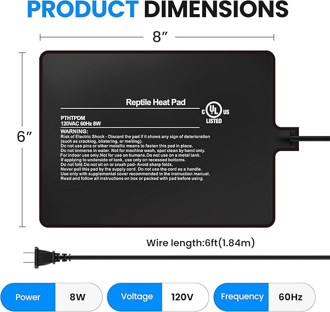 Simple Deluxe 6X8 Inch 8W Reptile Heating Pad Electric Indoor Under Tank Terrarium Heating Mat Waterproof for Turtles, Lizards, Frogs, and Other Reptiles