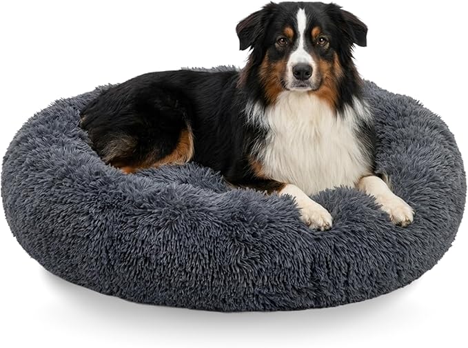 Active Pets Premium Large Donut Dog Bed, Fits Up to 100 lbs, Removable Cover & Washable Cushion, Plush Long Pile Faux Fur Fabric, Portable Dark Grey Pet Bed Furniture for Big Adult Canines & Cats