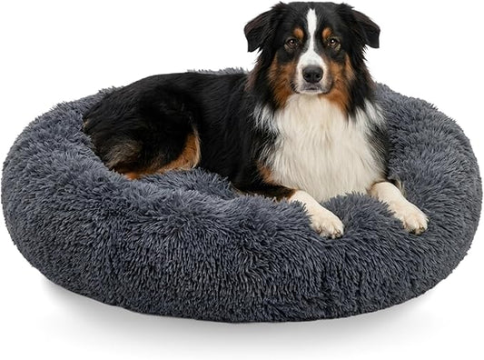 Active Pets Premium Large Donut Dog Bed, Fits Up to 100 lbs, Removable Cover & Washable Cushion, Plush Long Pile Faux Fur Fabric, Portable Dark Grey Pet Bed Furniture for Big Adult Canines & Cats