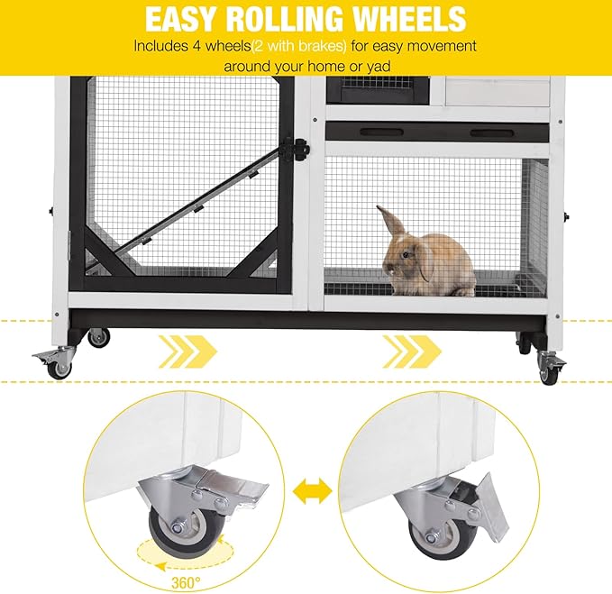 Aivituvin Rabbit Cage Indoor Outdoor Bunny Hutch on Wheels, 2 Story Wood Guinea Pig Cages with 2 Deeper Pull Out Trays (Black & White)