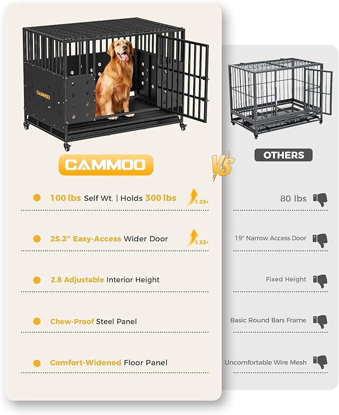 Cammoo 48'' Heavy Duty Dog Crate for Large Dogs, – Upgraded Chew-Proof Panels, Comfort-Widened Floor Panel, Dog Kennel Indoor, Adjustable Internal Height, Easy-Access Wide Door, 4 Lockable Wheels