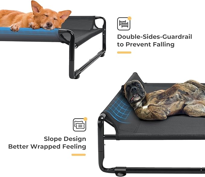 Veehoo Outdoor Elevated Dog Bed,Raised Dog Beds for Large Dogs, Washable Dog Cot with Headrest Sides, Non-Skid Feet, Breathable Mesh, Cooling Pet Hammock for Indoor or Camping, 42", Black