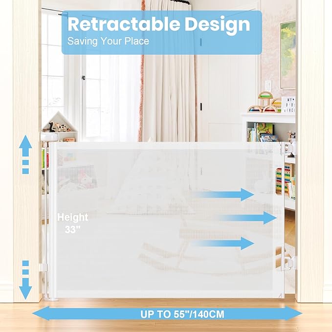 HAMOPY Retractable Baby Gate, 33" Tall, Extends up to 55" Wide, Durable Auto-Lock Baby Gate for Stairs, Mesh Dog Gate and Child Safety Gates for Doorways, Hallways, Indoor, Outdoor(White)