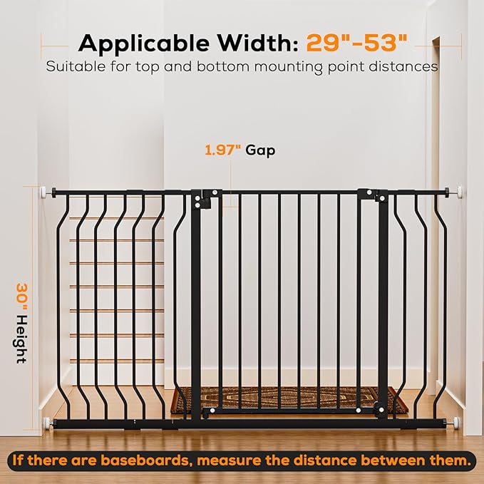 29-53" Baby Gate for Stairs, Baby Safety Essentials, Auto Close Gate for Doorways, Easy Install Pressure Mounted Dog Gate Indoor, Pet Gates for Dogs, Black