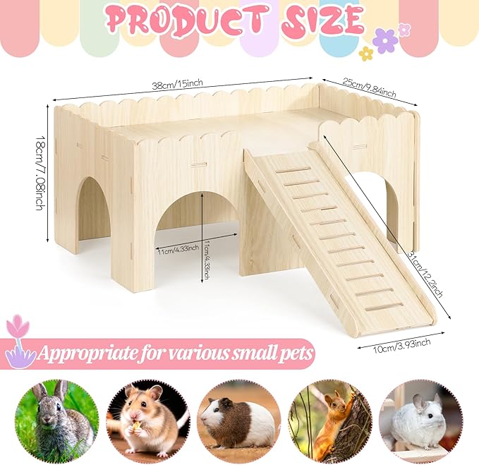 1 Set Guinea Pig Hideout, Upgraded Wooden Guinea Pigs Castle with Stairs 14.96*9.84 Inches Detachable Guineas Pig House with Stair Large Guineas Piggy Castle for Hamsters and Chinchilla Small Animals