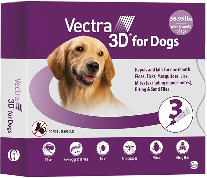 Vectra 3D Flea and Tick Prevention for Dogs, Kills and Repels Fleas, Ticks & Mosquitoes | Fast‑Acting, Waterproof, No Prescription Needed | Large Dogs 56–95 lbs, 3‑Month Supply