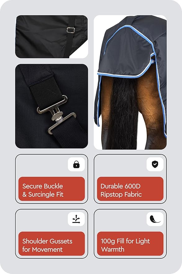 HORZE Glasgow Lightweight Waterproof Horse Turnout Blanket (100g Fill) - Dark Blue - 75 in