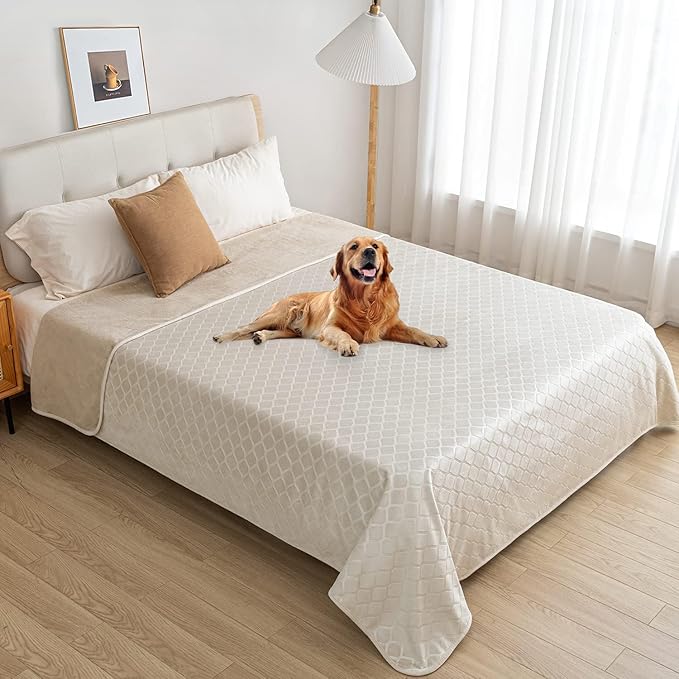 fuguitex Waterproof Dog Blanket Bed Cover Dog Crystal Velvet Moroccan Fuzzy Cozy Plush Pet Blanket Throw Blanket for Couch Sofa(68 * 82 inch, Cream+Beige)