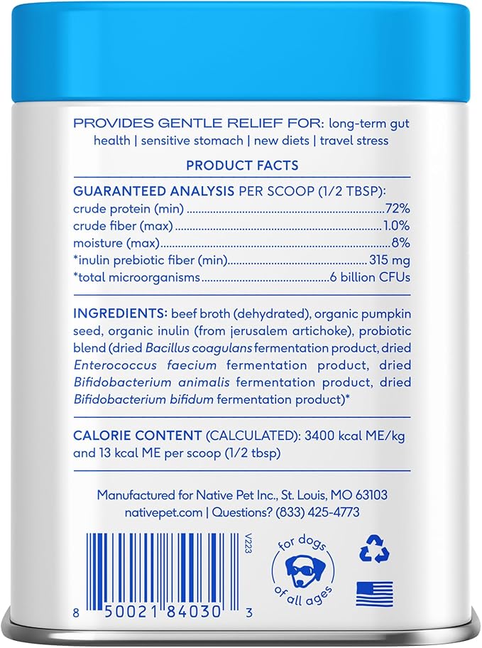 Native Pet Probiotics for Dogs – Dog Probiotic Powder for Gut & Digestive Health, Vet-Formulated 6B CFUs Dog-Specific Probiotic Strains, Supports Stool Quality & Diet Transitions – 120 Scoops