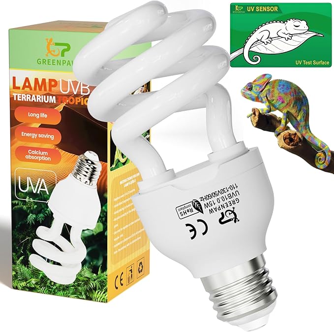UVB Reptile Light 5.0: 15W Tropical & Subtropical UVA UVB Reptile Light Bulb, UVB Light for Reptiles Compact Fluorescent Terrarium Lamp,UVB Bulb for Chameleon Turtle Gecko Snake Include UV Sensor Card