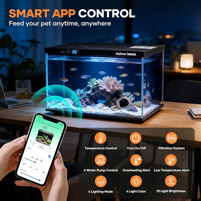 7.5 Gallon Smart Fish Tank, Auto Temperature Control & Filtration, LED Color-Changing Light, TDS&Temperature Alert, Quiet Circulation, Fresh/Salt Water Applicable, Desktop Aquarium 17.8*11.2*10.7 Inch