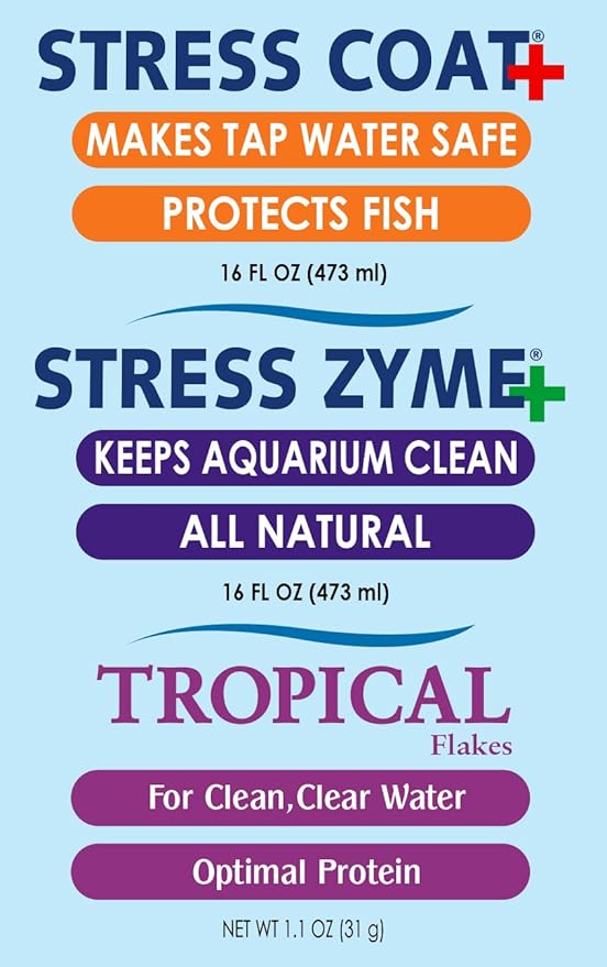 API Aquarium Water Treatment & Trop. Fish Food: Stress Coat 16 oz, Stress Zyme 16 oz, Tropical Flakes 1.1 oz