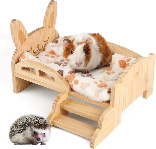 HOSUKKO Wooden Guinea Pig Bed with Mat 13.5IN X 9.3IN Detachable Hideout with Stairs Small Animal Cute Warm Habitats for Hamsters Ferret Bunny Sleeping Hiding