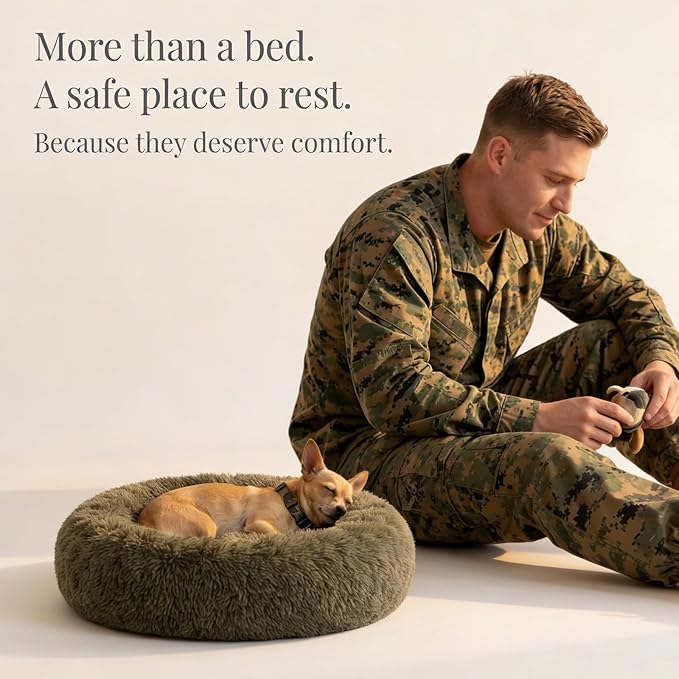 Calming Donut Dogs Beds for Small Dogs Washable,19inch Fluffy Round Puppy Bed for Puppies,Cats & Toy Breeds with Raised Rim,Fits up to 15 lbs Pets,Army Green
