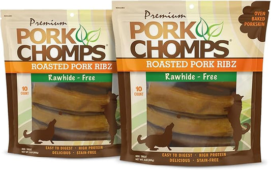 Pork Chomps Roasted Pork Skin Dog Chews, 6 Inch Rib Shapes, 10 Count, Pack of 2 - Long-Lasting Treats for Dogs - High Protein, Rawhide-Free, Low Fat, Healthy & Delicious Chews