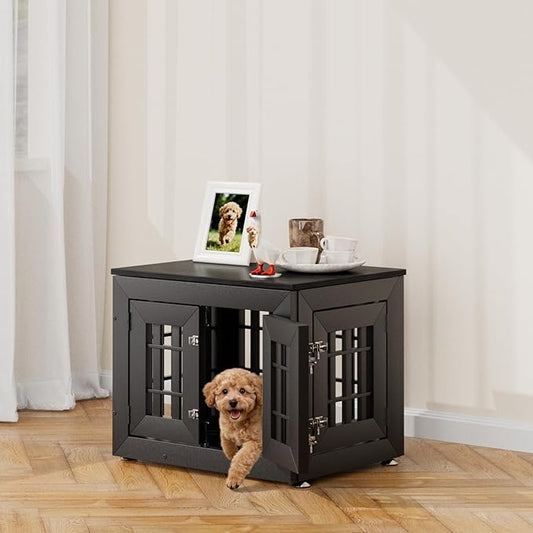 Snuowu 26" Heavy Duty Dog Crate Furniture for Small,Medium and Large Dogs,Rustic Wooden Dog Cage Kennel Indoor Furniture with Waterproof Top,Decorative Pet House Side End Table (Black)