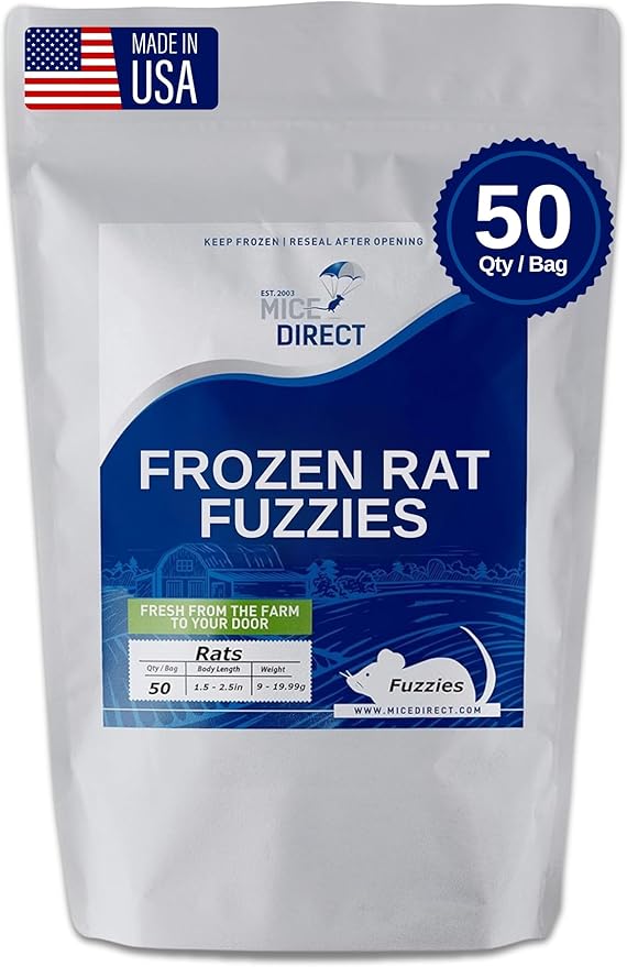 MiceDirect 50 Frozen Rat Fuzzies Feeders Snake Food for Adult Corn Snakes Ball Pythons (2-2.5 in)(450 Grams Min)