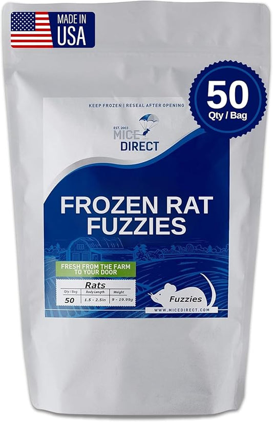 MiceDirect 50 Frozen Rat Fuzzies Feeders Snake Food for Adult Corn Snakes Ball Pythons (2-2.5 in)(450 Grams Min)
