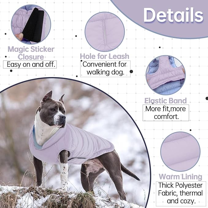 Lelepet Reversible Dog Coat Waterproof Dog Jacket Windproof Puffer Vest for Winter Warm Lightweight Coats for Medium Dogs Adjustbale Hook & Loop Pet Apparel with Leash Hole, French Bulldog, Purple L