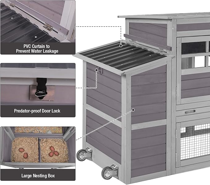 Large Chicken Coop with Run, Wooden Chicken House with Nesting Box, Outdoor Hen House with Wheels and Leakproof Pull-on Tray, Waterproof Poultry Chicken Cages for 5 Chickens