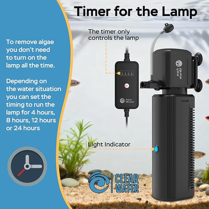 AquaMiracle Fish Tank Filter with Timer & Filter Sponge, 400GPH U - V Aquarium Filter with Aeration & Rainfall Modes, Effective Turtle Filter for Green Water Control (80-200 Gal Tank)