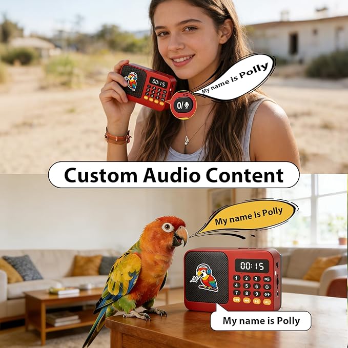 Parrot Talking, Whistling & Singing Training Player – 134 Professional Audio Tracks with Loop Playback &Self-Custom Audio, Includes Training Guide for Beginners & Busy Individuals (Red)
