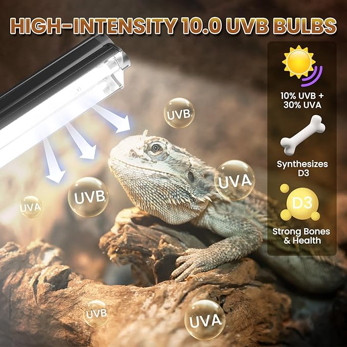 Lustaled T5 10.0 UVB Reptile Light Bulb 24W, 22 Inch T5 HO UVB Light for Bearded Dragon, 3-Pack Desert Reptiles D3 UVA UVB Lamp Tube Bar for Lizard, Snake, Gecko, Tortoise, Chameleon, Terrarium